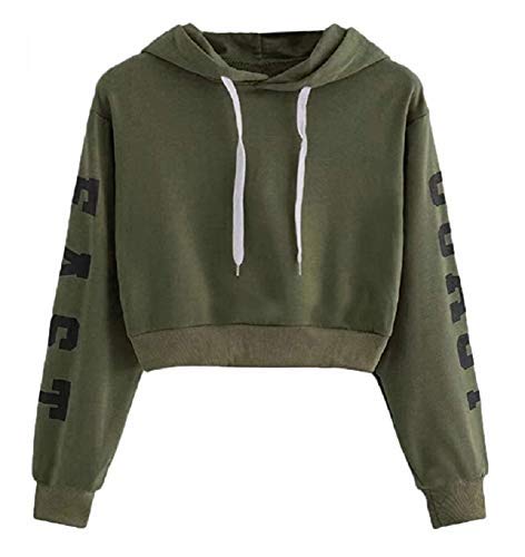 KIRALOVE Sudadera Top Crop con capucha – Chica – Mujer – Moda – Deporte – Camiseta – Idea regalo – Color verde militar Verde XL