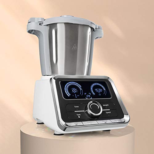 Klarstein GrandPrix - Robot de cocina, Batidora, Maquina de amasar, 500-1000W, Recipiente de acero inoxidable, 2,5L, Temperatura ajustable entre 30 y 120ºC, 12 velocidades, Acero/Blanco