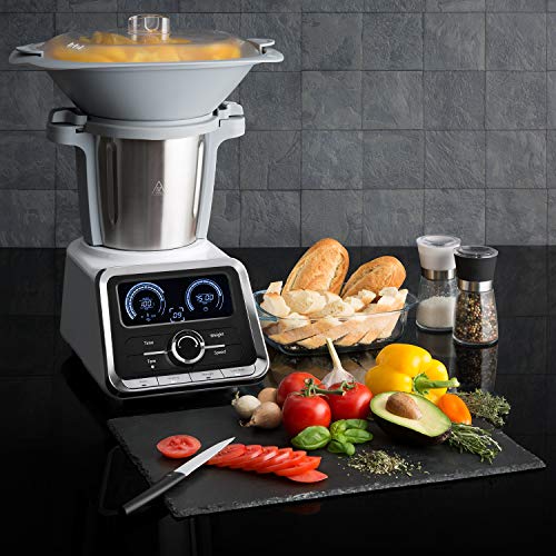 Klarstein GrandPrix - Robot de cocina, Batidora, Maquina de amasar, 500-1000W, Recipiente de acero inoxidable, 2,5L, Temperatura ajustable entre 30 y 120ºC, 12 velocidades, Acero/Blanco