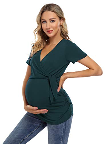 KOJOOIN Camiseta de maternidad para mujer, cuello en V, manga corta, para embarazadas verde M