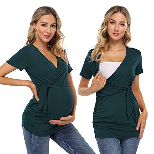 KOJOOIN Camiseta de maternidad para mujer, cuello en V, manga corta, para embarazadas verde M