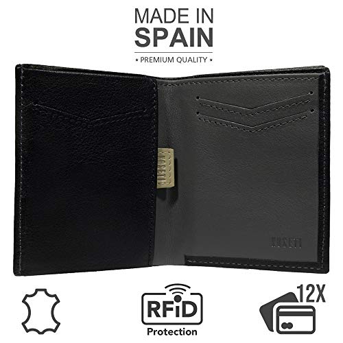 KOSETI - Cartera Hombre Negra | Tarjetero, Billetero, Monedero | Fabricada en España | Piel de Vacuno Autentica | Premium | 12 Tarjetas | Protección RFID y NFC | Realizada por Artesanos de Ubrique