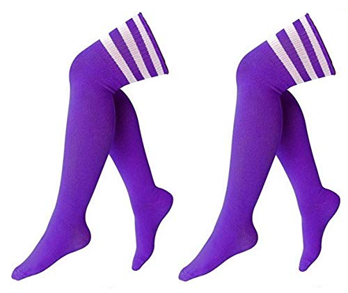 krautwear® Calcetines hasta la rodilla con 3 rayas por encima de la rodilla, con rayas y rayas, para cosplay, color negro, blanco, rojo y rosa Lila-blanco-2x. Talla única