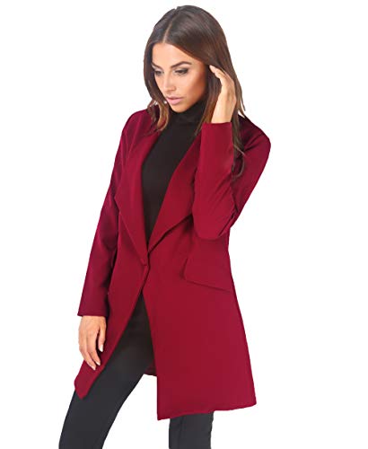 KRISP Blazer Mujer Largo Boyfriend Chaqueta Larga Elegante Barato Talla Grande Boda, (Burdeos, S), 5403-WIN-S