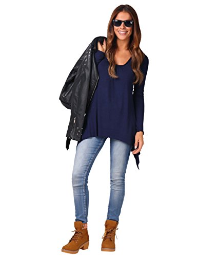 KRISP Camiseta Mujer Asimétrica Básica Moda Manga Larga Original Barata Picos, Azul Marino, 38 EU (10 UK), 5402-NVY-10