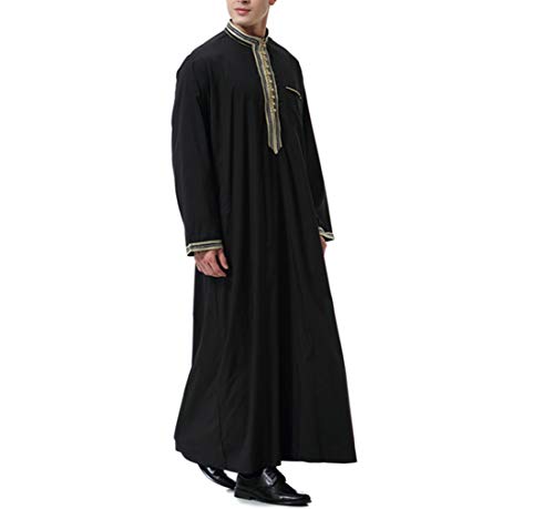 KRUIHAN Abaya Musulmana Camisa Vestir Hombre - Ropa Islamica Abrigo Vestido Jalabiya Kaftan Maxi Larga (Negro,L)