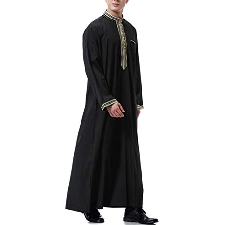 KRUIHAN Abaya Musulmana Camisa Vestir Hombre - Ropa Islamica Abrigo Vestido Jalabiya Kaftan Maxi Larga (Negro,L)