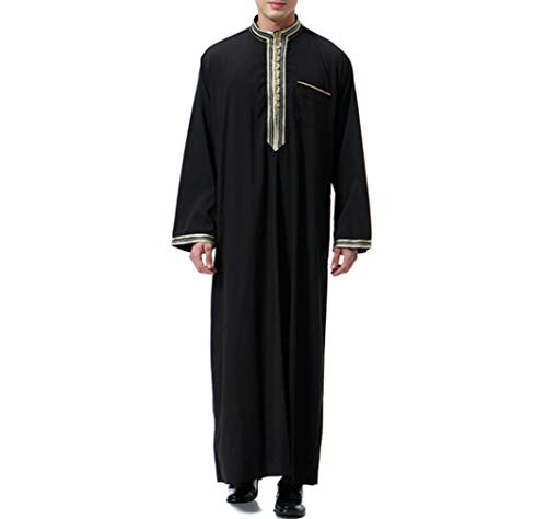 KRUIHAN Abaya Musulmana Camisa Vestir Hombre - Ropa Islamica Abrigo Vestido Jalabiya Kaftan Maxi Larga (Negro,L)