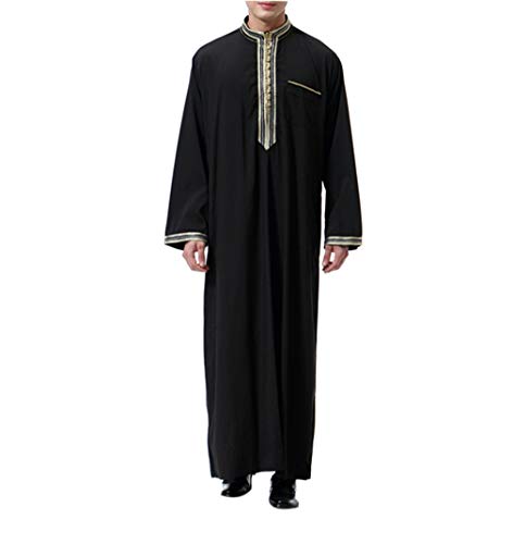 KRUIHAN Abaya Musulmana Camisa Vestir Hombre - Ropa Islamica Abrigo Vestido Jalabiya Kaftan Maxi Larga (Negro,L)