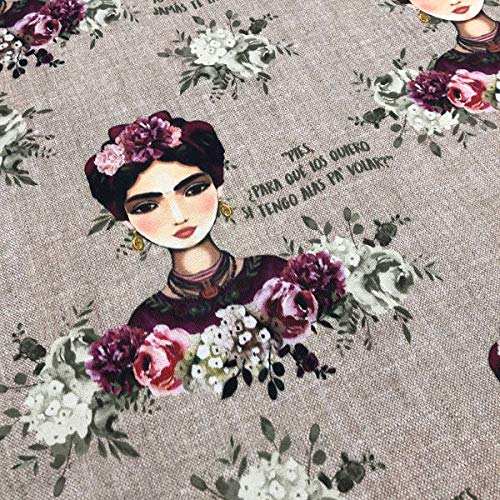 Kt KILOtela Tela por Metros de loneta Estampada Digital - Half Panamá 100% algodón - Ancho 280 cm - Largo a elección de 50 en 50 cm | Frida Kahlo - Marrón, Morado, Blanco