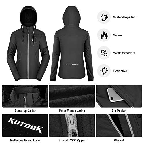 KUTOOK Chaqueta Softshell Mujer Invierno para SenderismoTrekking Montaña Escalada Esquí Roap Impermeable Cortavientos con Capucha Extraíble y Múltiples Bolsillos(Negro,2XL)