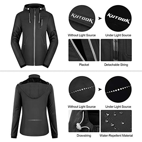 KUTOOK Chaqueta Softshell Mujer Invierno para SenderismoTrekking Montaña Escalada Esquí Roap Impermeable Cortavientos con Capucha Extraíble y Múltiples Bolsillos(Negro,2XL)