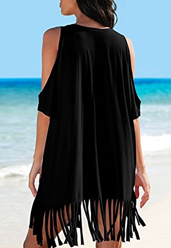 L-Peach Camiseta con Borla para Mujer T-Shirt Túnica de Playa Verano Bikini Cover Ups Hombros Desnudos