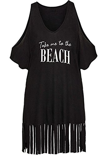 L-Peach Camiseta con Borla para Mujer T-Shirt Túnica de Playa Verano Bikini Cover Ups Hombros Desnudos
