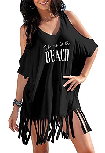 L-Peach Camiseta con Borla para Mujer T-Shirt Túnica de Playa Verano Bikini Cover Ups Hombros Desnudos