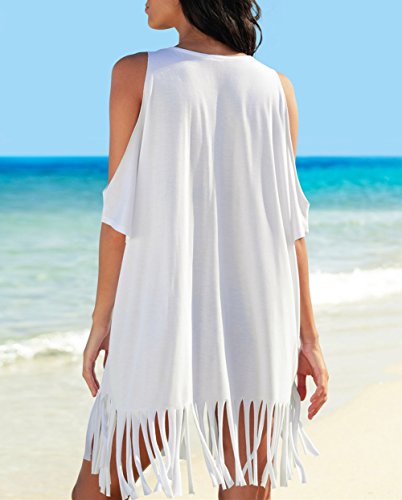 L-Peach Camiseta con Borla para Mujer T-Shirt Túnica de Playa Verano Bikini Cover Ups Hombros Desnudos