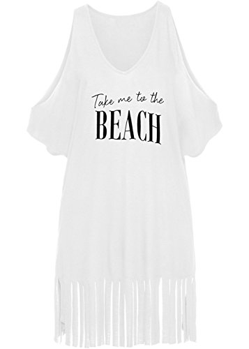 L-Peach Camiseta con Borla para Mujer T-Shirt Túnica de Playa Verano Bikini Cover Ups Hombros Desnudos