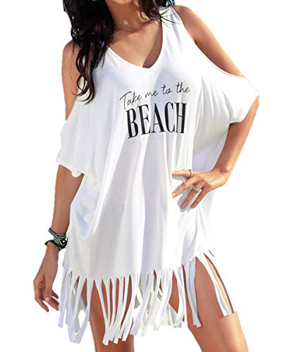 L-Peach Camiseta con Borla para Mujer T-Shirt Túnica de Playa Verano Bikini Cover Ups Hombros Desnudos