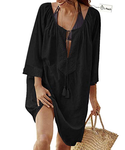 L-Peach Pareo Túnica Blusa Encaje Floral Suelto de Playa Bikini Cover Up de Algodón para Mujer