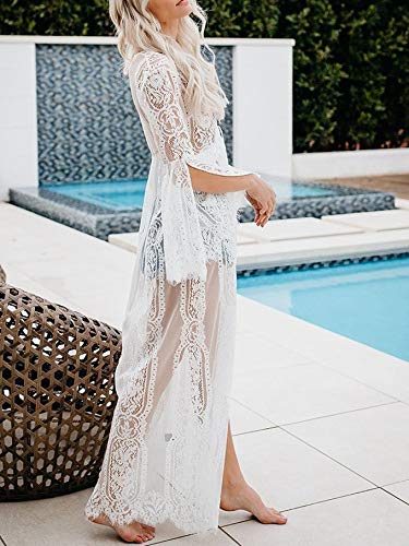 L-Peach Vestido de Encaje Túnica de Playa Pareo Bikini Cover Up para Mujer