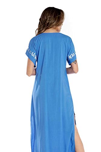 L-Peach Vestido Largo con Floral Bordado Mujer, Azul Bordado, Talla Ãºnica