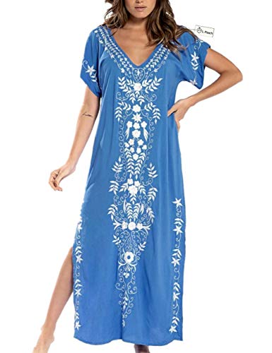 L-Peach Vestido Largo con Floral Bordado Mujer, Azul Bordado, Talla Ãºnica