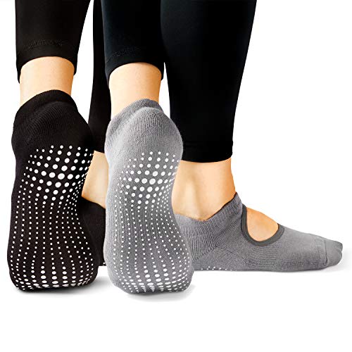 LA Active Calcetines Antideslizantes - 2 Pares - Para Yoga Pilates Ballet Barre Mujer Hombre - Ballet (Gris y Negro, 37-40 EU)