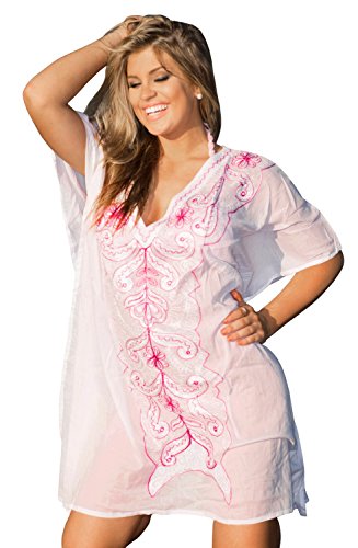 LA LEELA 100% algodón Mujeres Bordadas étnicas más el tamaño Traje baño baño Ocasional Traje Ligero 4 en 1 Playa la Libertad Encubrir túnica Superior Loungewear Vestido básico Ghosts Blanco_N584
