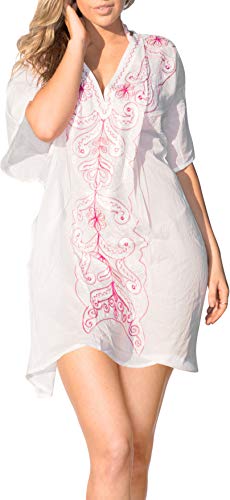 LA LEELA 100% algodón Mujeres Bordadas étnicas más el tamaño Traje baño baño Ocasional Traje Ligero 4 en 1 Playa la Libertad Encubrir túnica Superior Loungewear Vestido básico Ghosts Blanco_N584