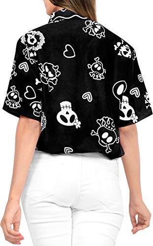 LA LEELA Vintage Piratas Esqueleto Calabaza Skull Cráneo Disfraces De Fiesta De Halloween Hawaiian Short Sleeve Women's Shirt Casual Hawaiana Camisa Beach Party Button Down Printed Aloha Negro_W980 L