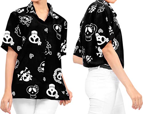 LA LEELA Vintage Piratas Esqueleto Calabaza Skull Cráneo Disfraces De Fiesta De Halloween Hawaiian Short Sleeve Women's Shirt Casual Hawaiana Camisa Beach Party Button Down Printed Aloha Negro_W980 L