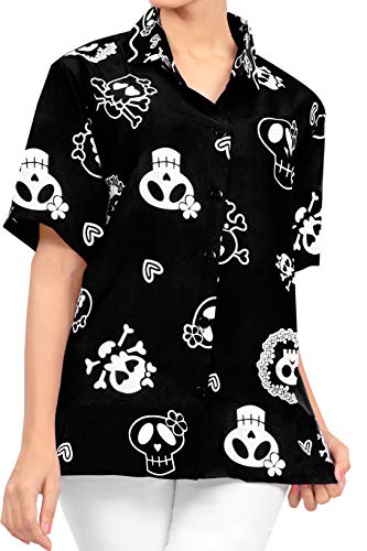 LA LEELA Vintage Piratas Esqueleto Calabaza Skull Cráneo Disfraces De Fiesta De Halloween Hawaiian Short Sleeve Women's Shirt Casual Hawaiana Camisa Beach Party Button Down Printed Aloha Negro_W980 L