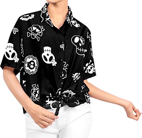 LA LEELA Vintage Piratas Esqueleto Calabaza Skull Cráneo Disfraces De Fiesta De Halloween Hawaiian Short Sleeve Women's Shirt Casual Hawaiana Camisa Beach Party Button Down Printed Aloha Negro_W980 L