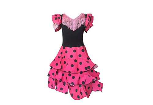 La Senorita Niño Deluxe - Disfraz de flamenco español para niña / niño - Rosa / Negro (talla 140/146 - Longitud 95 cm - 9-10 años)
