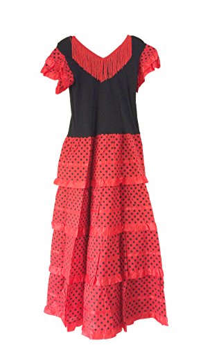 La Senorita Vestido Flamenco Sevillana Español Traje de Flamenca chica/niños rojo negro (Talla 18, 34-36 - 115 cm)