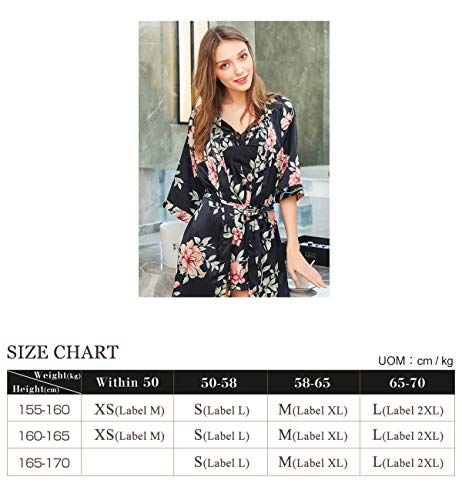 Lachi 2/5PCS Kimono Mujer Pijama Saten Conjunto de Bata Camisón Floral para Dormir Casa Ducha Noche Albornoces + Camisón+ Chaleco + Pantalones Cortos y Largo Satén Encaje Floral