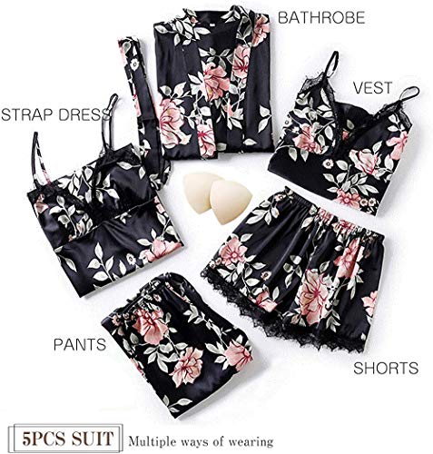 Lachi 2/5PCS Kimono Mujer Pijama Saten Conjunto de Bata Camisón Floral para Dormir Casa Ducha Noche Albornoces + Camisón+ Chaleco + Pantalones Cortos y Largo Satén Encaje Floral