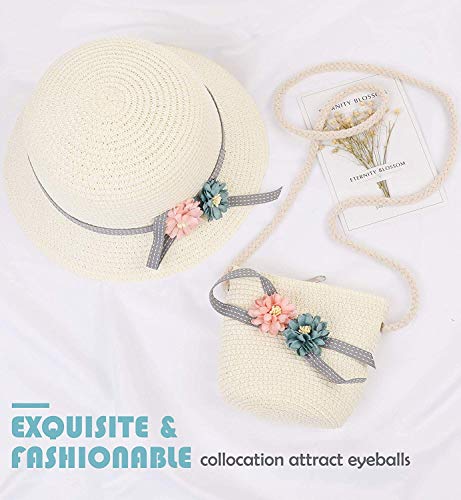 Lachi Sombrero de Paja Niña Gorra de Sol Chica + Bolsillo Set Gorro de Playa Niñas Anti UV Protección Solar Alas Anchas Transpirable para Viaje Beach Piscina al Aire Libre 3-7 años.