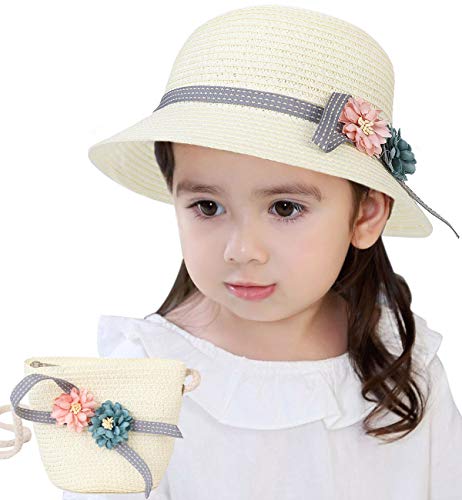 Lachi Sombrero de Paja Niña Gorra de Sol Chica + Bolsillo Set Gorro de Playa Niñas Anti UV Protección Solar Alas Anchas Transpirable para Viaje Beach Piscina al Aire Libre 3-7 años.