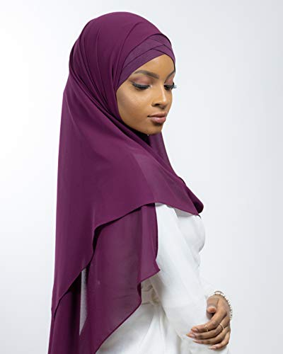 Lamis Hijab - Pañuelo cruzado con gorro integrado para mujer musulmana, velada, chal islámico, velo enfilable ciruela Talla única