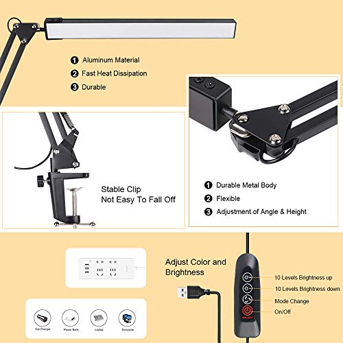 Lámpara de escritorio LED Lámpara de lectura de brazo Eye-Care Architect USB Lámpara regulable con 3 modos de color 10 niveles Adecuado Para Oficina, Lectura, Estudios … (negro)