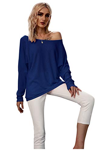 Landove Camiseta Manga Murcielago Mujer Sueter Cuello Barco Camisa Hombro Descubierto Blusa Sin Tirantes Tunica Talla Grande Pullover de Punto Sudadera Sin Capucha Basic Tshirt Baggy Jumper Top Liso