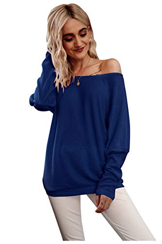 Landove Camiseta Manga Murcielago Mujer Sueter Cuello Barco Camisa Hombro Descubierto Blusa Sin Tirantes Tunica Talla Grande Pullover de Punto Sudadera Sin Capucha Basic Tshirt Baggy Jumper Top Liso