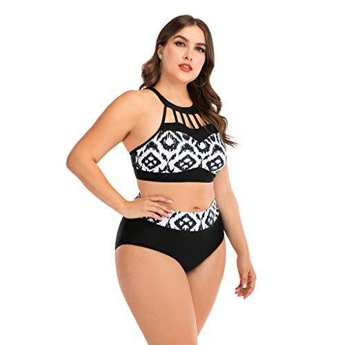 LANSKIRT Mujer Trajes de Baño para Gorditas Cuello Halter Bañadores Sexy de 2 Piezas con Costuras de Color Elegante Retro Bikini Mujer Tallas Grande 2020 Verano Ropa de Playa L-4XL