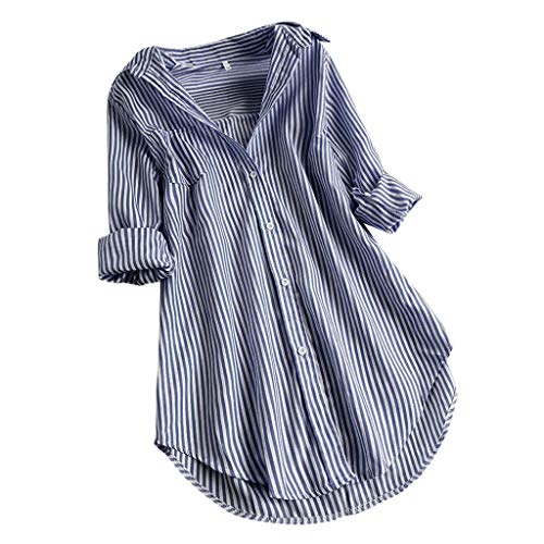 LANSKRT Camisetas Mujer Talla Grande Blusas Verano Elegantes Manga Larga A Rayas Sueltas T Shirt Tops con Botones Camisas Jersey S-XXXXXL