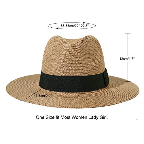 Lanzom Sombrero de paja Panamá de ala ancha para mujer, sombrero de playa Fedora UPF50+ - - Talla única