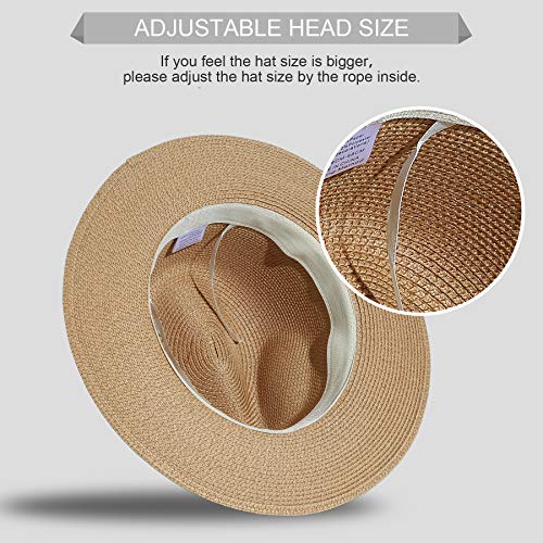 Lanzom Sombrero de paja Panamá de ala ancha para mujer, sombrero de playa Fedora UPF50+ - - Talla única