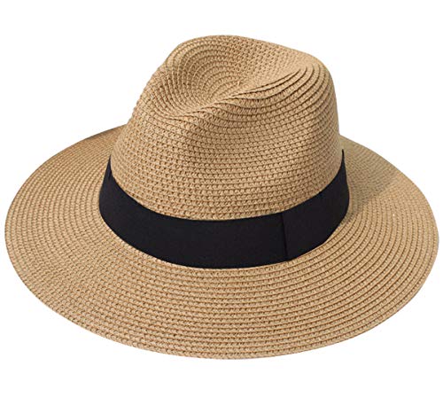 Lanzom Sombrero de paja Panamá de ala ancha para mujer, sombrero de playa Fedora UPF50+ - - Talla única
