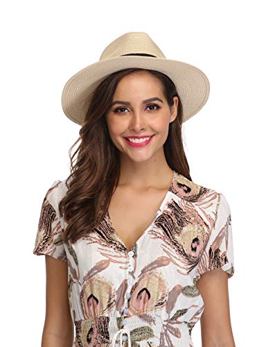 Lanzom Sombrero de paja Panamá de ala ancha para mujer, sombrero de playa Fedora UPF50+ - - Talla única