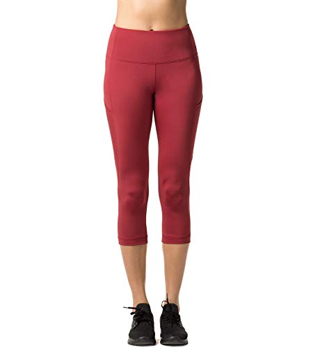 LAPASA Mallas Deportivas 3/4 Capris de Mujer Cintura Alta con Bolsillo (Leggings para Yoga, Pilates, Running) L02 (XS/34 (Cintura 58-66, Cadera 74-82 cm), Rojo Oscuro (Bolsillo Lateral))